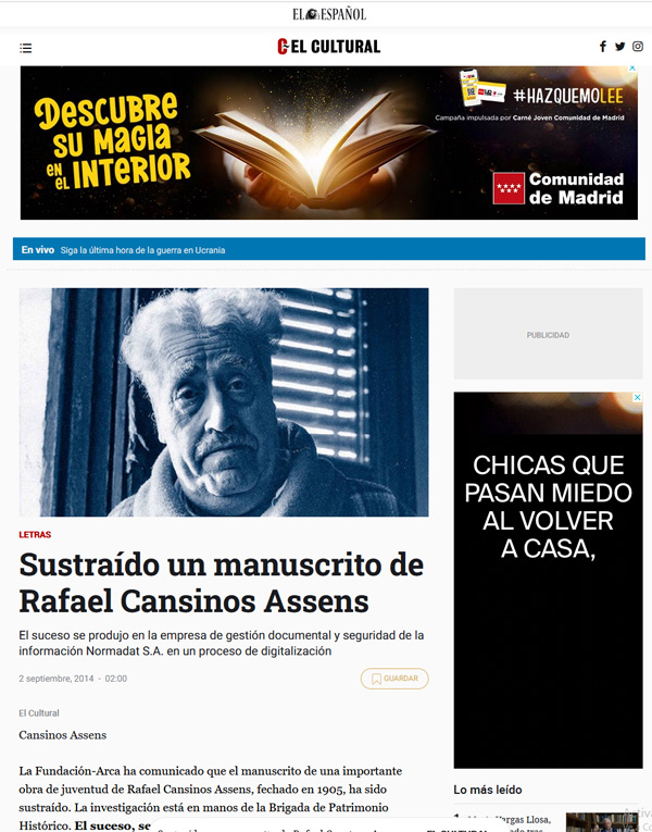 Normadat en El Español: Sustraído un manuscrito de Cansinos Assens en Normadat